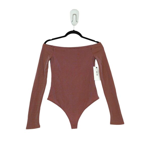 Alix NYC Women S Addison Bodysuit Brown Off Shoulder Shimmer Stretch NEW - Picture 3 of 7